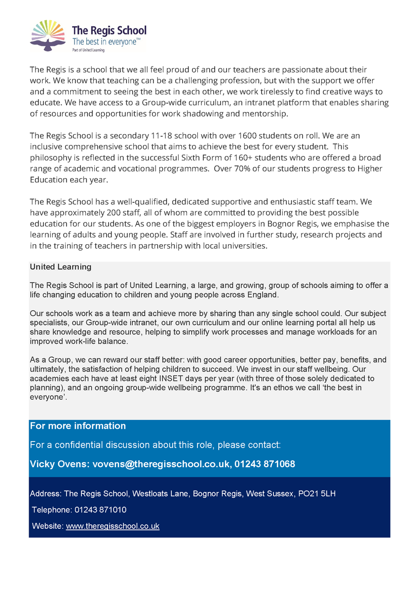 We are seeking a dynamic, energetic and enthusiastic professional, committed to education, with a proven record in both classroom teaching and whole school management to be our Curriculum Leader for KS5 English.
theregisschool.co.uk/working-for-us…