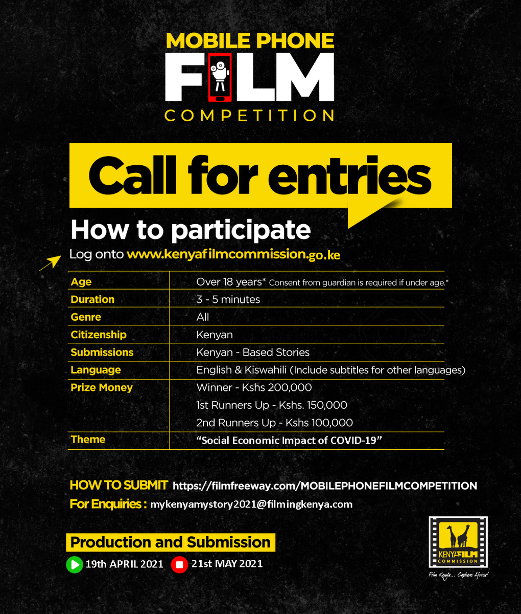 kenyafilmcomm's tweet photo. Do you have a story on how #COVID19 has affected the socio-economic fabric of our society? Well, grab your smartphone and let the world see your story in #MyKenyaMyStory mobile phone film competition. Amazing cash prizes awaits you! To participate, click https://t.co/2Rzake2Cjl https://t.co/yXiXa6HklA