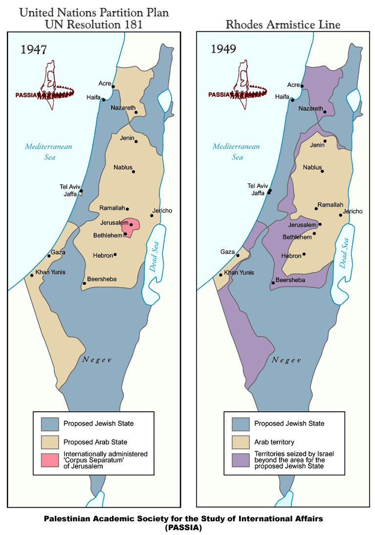 8\\Dopo due anni di combattimenti nel 1949 vennero firmati gli armistizi separati con le nazioni coinvolte. L’ONU con la risoluzione 194 delimitò il nuovo stato d’Israele più grande della risoluzione 181 con Gerusalemme divisa in est e ovest.