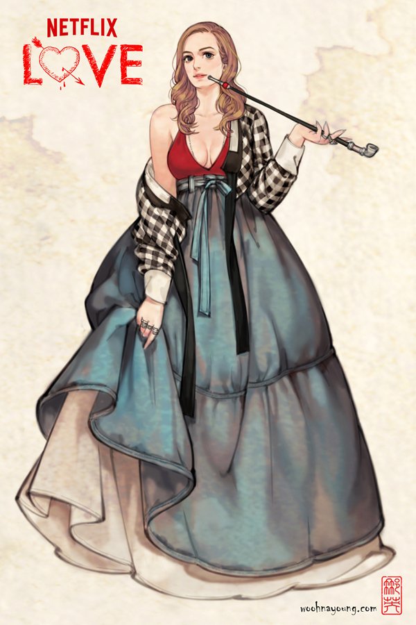 #한복_챌린지 #Hanbok_challenge 흑요석님이 그려주신 여해연들+한복 길리언 제이콥스 (드라마 러브), 엠마 스톤&엠마 톰슨 (영화 크루엘라), 안젤리나...