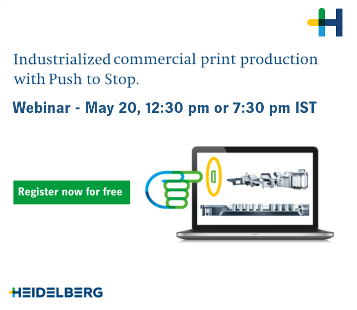 HeidelbergIndia's tweet photo. Save the date! Join us for our next free HD4You Webinar: Industrialized commercial print production with Push to Stop on May 20, 2021 at 12:30 pm or 7:30 pm IST! and learn more about how Push to Stop works. Make sure you don’t miss out: https://t.co/9cIpZruy1R
.
.
#PushToStop https://t.co/xnE57yzOnc