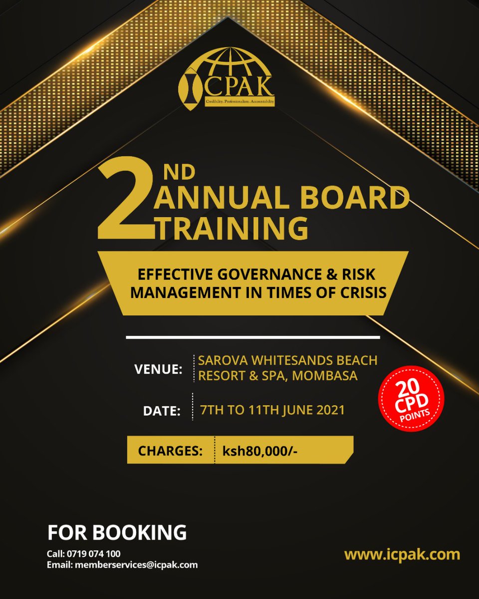 Save the date for the 2nd Annual Board Training on 7th to 11th June 2021.The training will discuss critical developments which affect governance and which have resulted into new risks for organizations. Book here. icpak.com/event/the-2nd-…