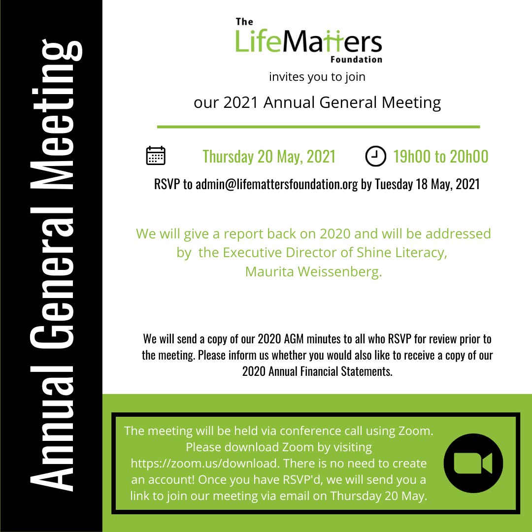 REMINDER: Our AGM is happening this week Thursday. 

To join us, please RSVP to admin@lifemattersfoundation.org by Tuesday.