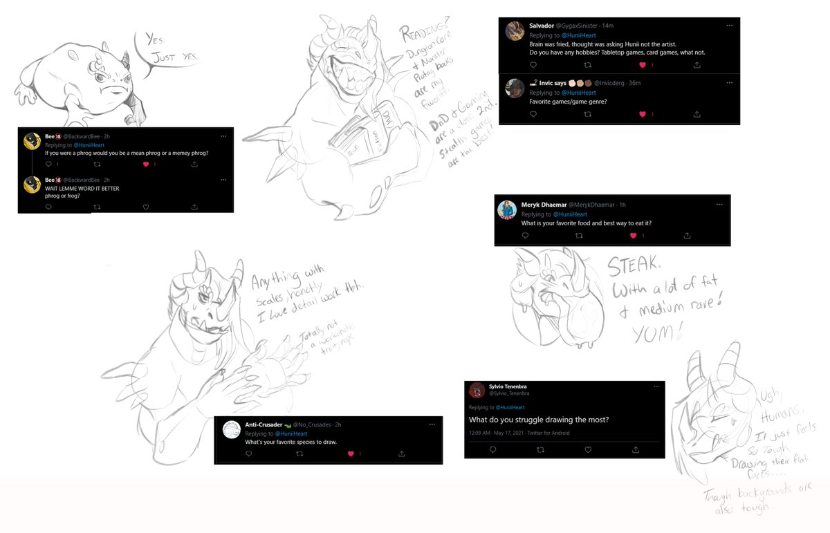 A compilation of the answers I've doodled up from my little ask-me! :D 
#asktheartist #sketches #wip #doodles