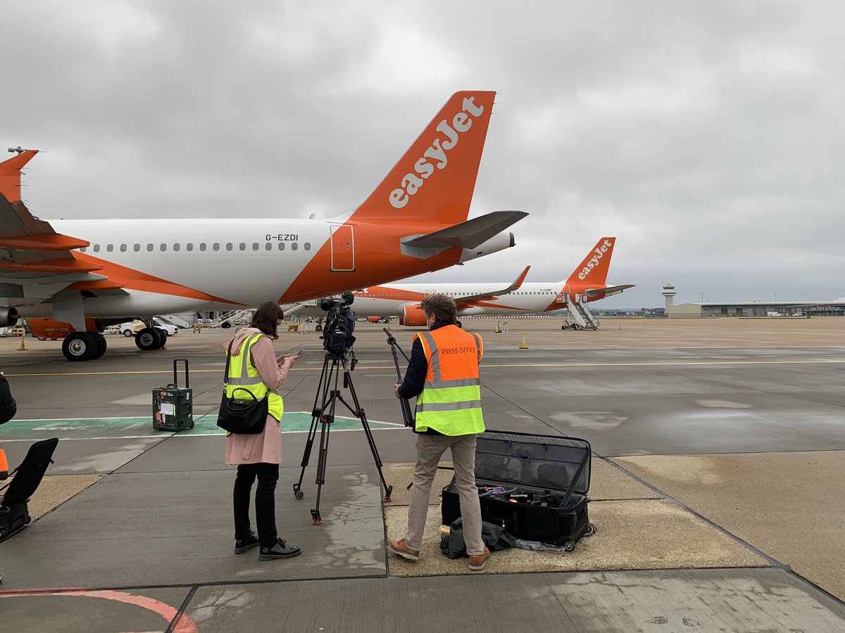 Team prepping for @easyjet interview on the runway at Gatwick ahead of first tourist flights in quite some time...  <a href="/business/">Bloomberg</a> @bloombergtv #ukreopening