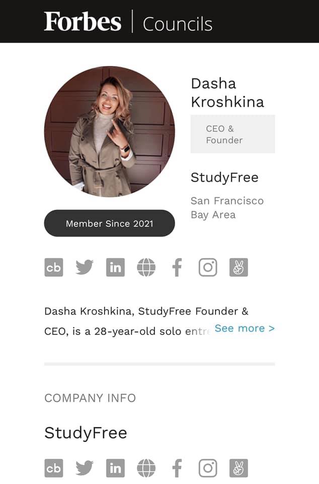 StudyFreeWorld's tweet image. Whahoo! Dasha Kroshkina, @StudyFreeWorld CEO is among Top CEO and Founders Community at  #Forbes