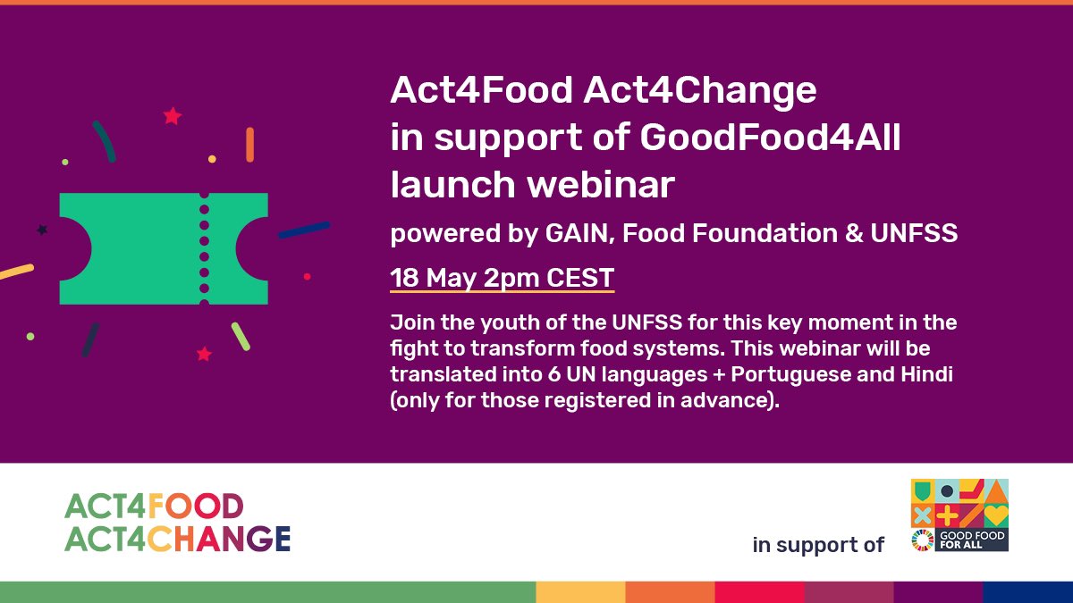 Happening tomorrow! 2:30pm CEST

The Global Launch of Youth @Act4FoodGlobal Campaign.

This webinar will mark the global launch of the initiative Youth #Act4Food #Act4Change in support of #GoodFood4All.

Register: bit.ly/3xUEfqI 🎟