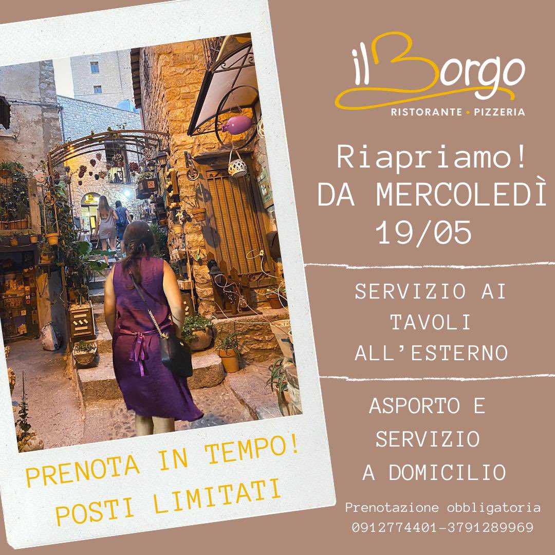 ilborgopizzeria's tweet photo. 🟡RIAPRIAMO
Arriva la zona gialla in Sicilia e noi siamo già pronti a riapartire!
Da mercoledì 19/05 saremo aperti la sera con il servizio ai tavoli, asporto o servizio a domicilio della nostra pizzeria🍕
#ilborgo #caccamo #coprifuoco #zonagialla #pizza #DDLZan https://t.co/iZz1FTIAM0