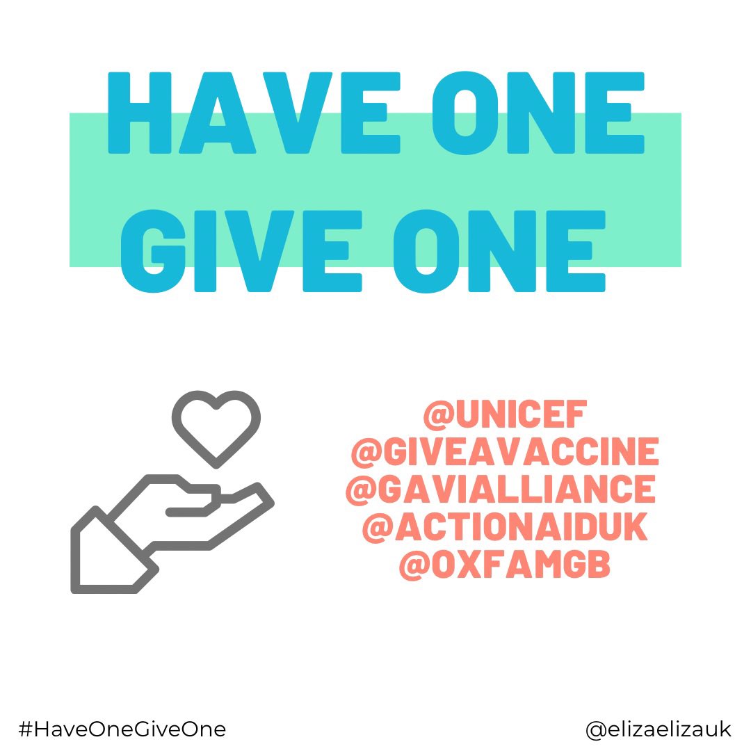 elizaelizauk's tweet image. Have One, Give One

Millions aren’t able to get access to a vaccine today, perhaps this year or even ever!

If you’re getting your vaccine this week consider donating to one of these:
@unicef 
@giveavaccine 
@gavialliance 
@actionaiduk 
@oxfamgb 

#HaveOneGiveOne #mondaythoughts