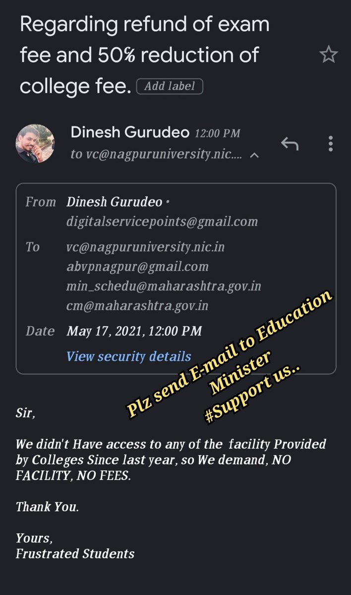 Dinesh_Gurudeo's tweet photo. In this pandemic we need some support to survive in education. We request all the minister of Maharashtra government to reduce and refund our exam fees and college fees. #RefundExamFees #reducecollegefees #education #COVID19🎓📖 https://t.co/MRNMc91o3e