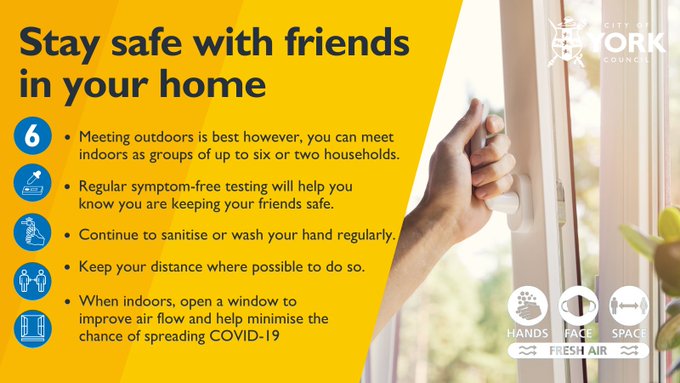 A hand opens a window. Tips for staying safe with friends in your home: meeting outdoors is best, but you can meet indoors as groups of up to 6 or 2 households, regular symptom-free testing will help you know you're keeping your friends safe, keep washing or sanitising your hands regularly, keep your distance where possible and when indoors open windows to improve air flow