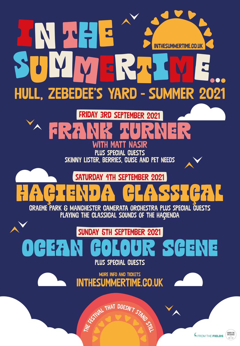 itsummertimeuk's tweet photo. IN THE SUMMERTIME 2021 IN HULL REVEALED! ☀️

RETWEET and FOLLOW for the chance to win x4 tickets to a night of your choice 😍 🎁

A weekend of three outdoor concerts with @frankturner, @Fac51hacienda, @OCSmusic and more!

On sale 10am Wednesday. 

https://t.co/Zi9msoJfKZ https://t.co/WrZB835qiT