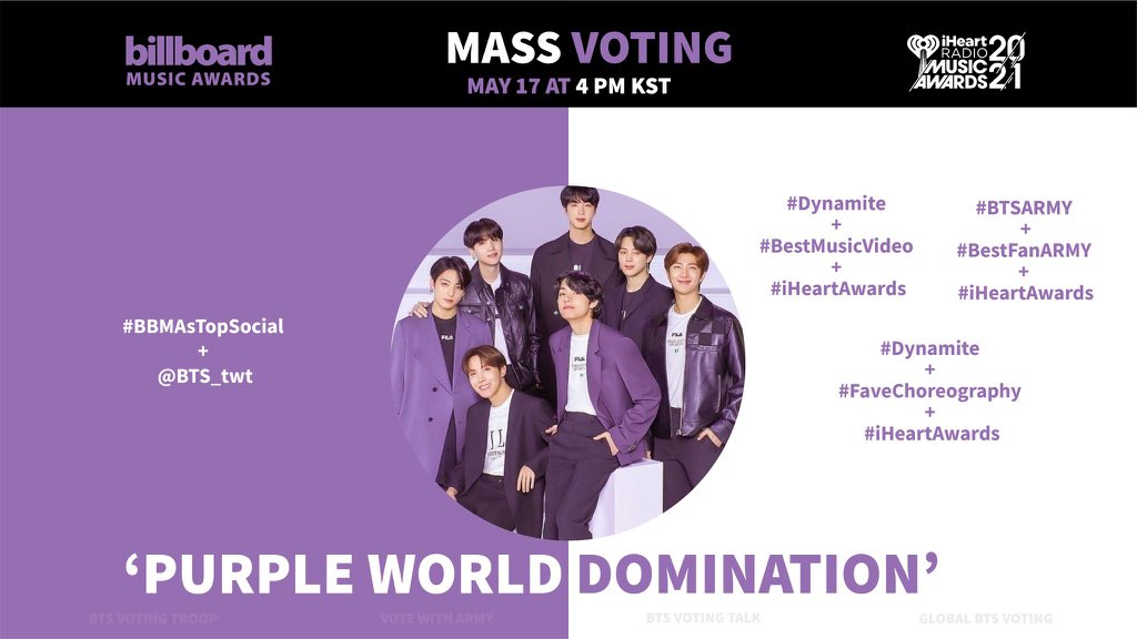 Our mass voting event for #BBMAsTopSocial and iHeartAwards starts now! Tag to Trend: “PURPLE WORLD DOMINATION” Focus more on website! Use all your accounts because our score there is not visible! (@BTS_twt) 🗳️:(billboard.com/p/bbmasvote)