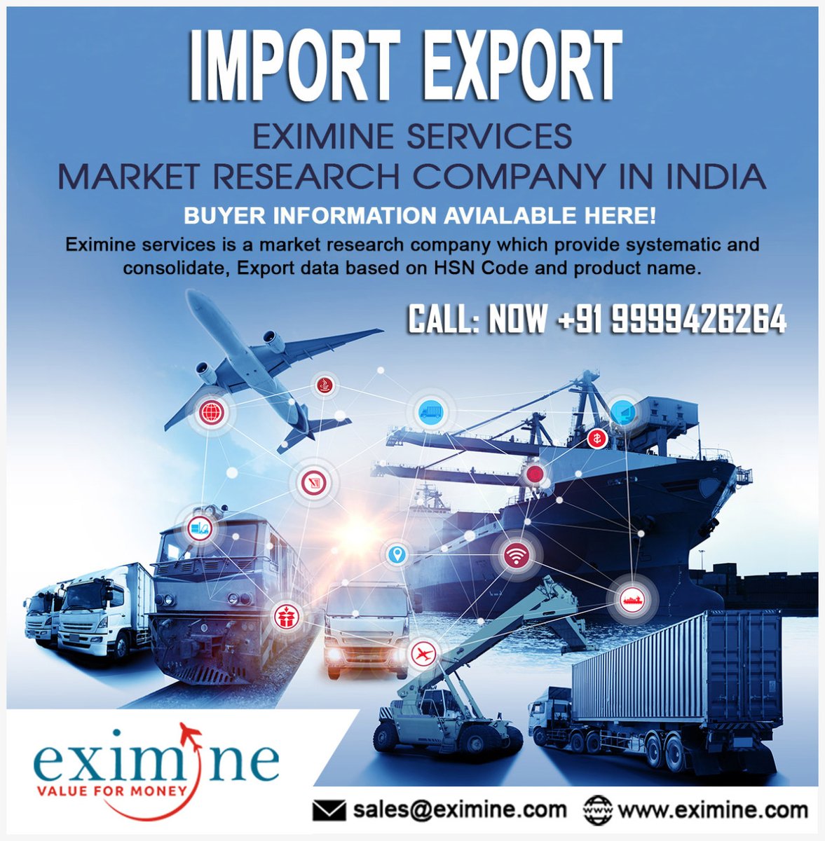 EximineServices's tweet photo. Our company is a market research company which provides USA import-export data, Indonesia export data and Mexico import-export data, etc.
#Eximine #Importexport #ImportData #ExportData #ImportExportIndia 
+91 9999426264
Email- Sales@Eximine.Com
Visit - https://t.co/s3fwzEgxj6 https://t.co/ZeRplc6zB9