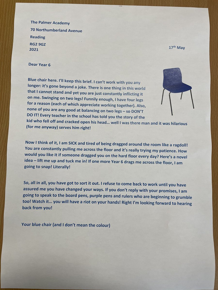 R2PalmerAcademy's tweet photo. Oh dear Year 6 - your chairs have gone on strike!! Hope you have got some persuasive replies to send to this letter to get them back!!! #writeforapurpose #wequit https://t.co/yncGTHmRH9