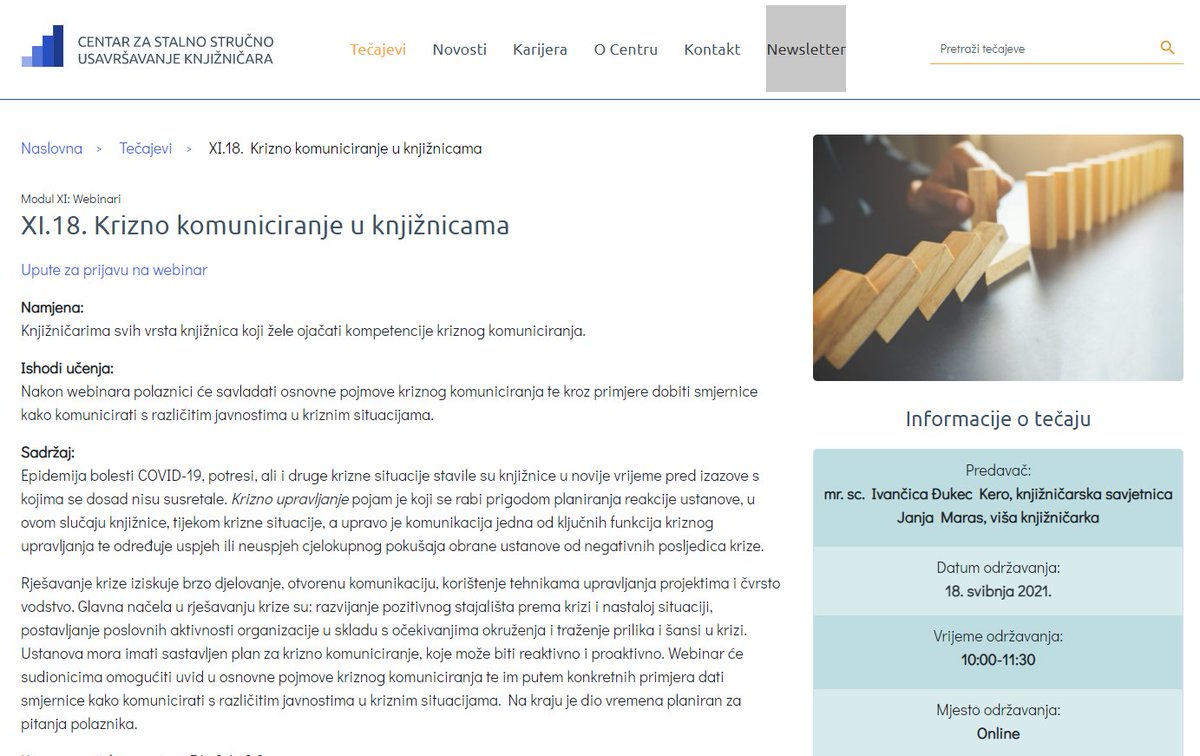 ZKD_cro's tweet image. CSSU WEBINAR: Krizno komuniciranje u knjižnicama

Predavačice:
Ivančica Đukec Kero, knjižničarska savjetnica
Janja Maras, viša knjižničarka
Datum održavanja: 18. 5. 2021.
Vrijeme održavanja: 10:00-11:30

Više informacija i prijave ⬇
cssu.nsk.hr/tecajevi/xi-18…

#CSSU #ZKDrustvo