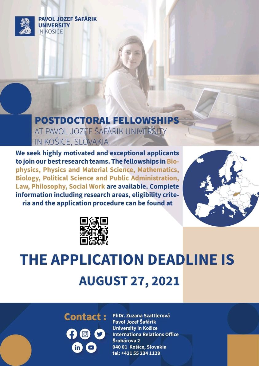 Postdoctoral Fellowships - Call for Application. 
More information: upjs.sk/en/university/…
#ScienceResearch #postdoc #postdocfellowships #fellowships #upjs