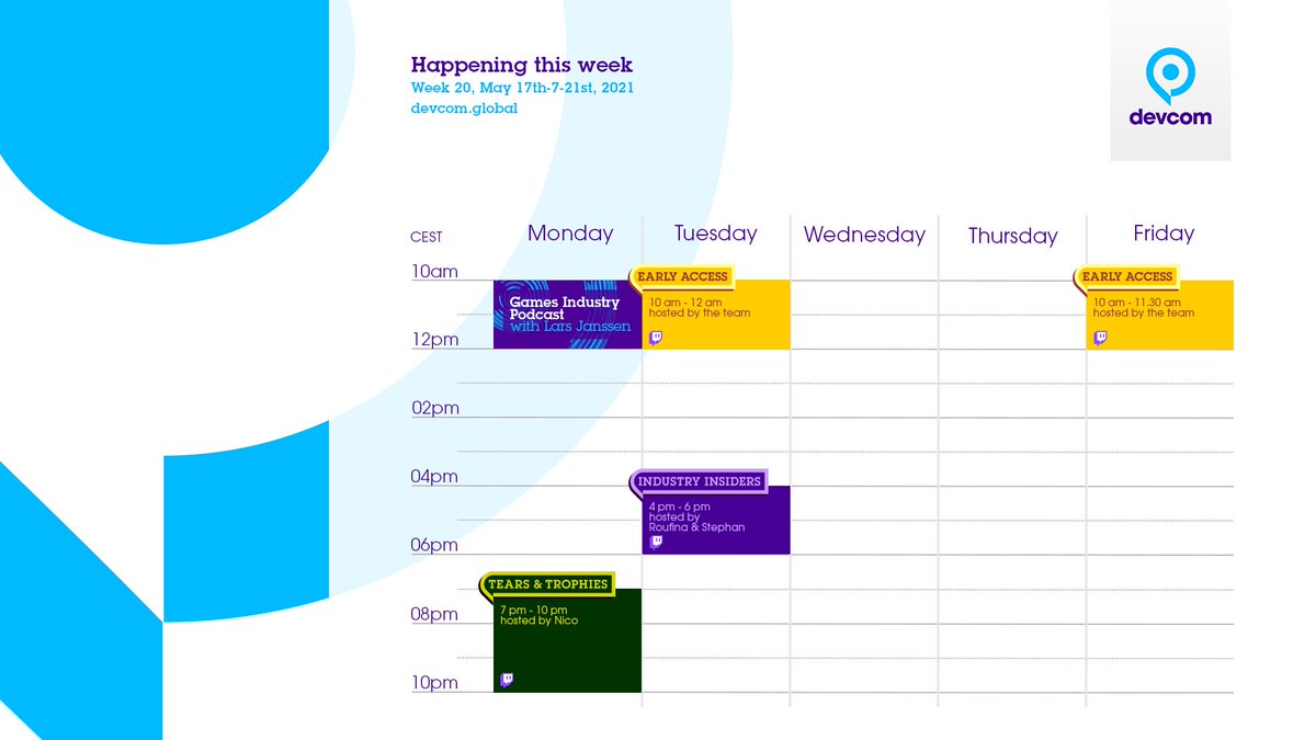 gamescomdev's tweet photo. 🚨devcom weekly Twitch schedule: May 17th- 21st, 2021 🚨
🎮next round of Tears & Trophies: Dishonored 2
💡new Industry Insiders: Epic Store & Apple antitrust trial
☕️coffee & chats at EarlyAccess
#devcomweekly #gamedev #weeklyknowledge #weeklyschedule #twitch #industryinsiders https://t.co/VmLpDy2hdX