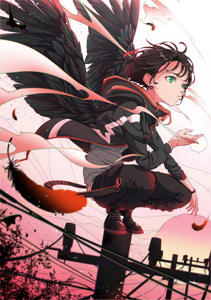 wings 1girl green eyes solo feathers feathered wings black hair  illustration images