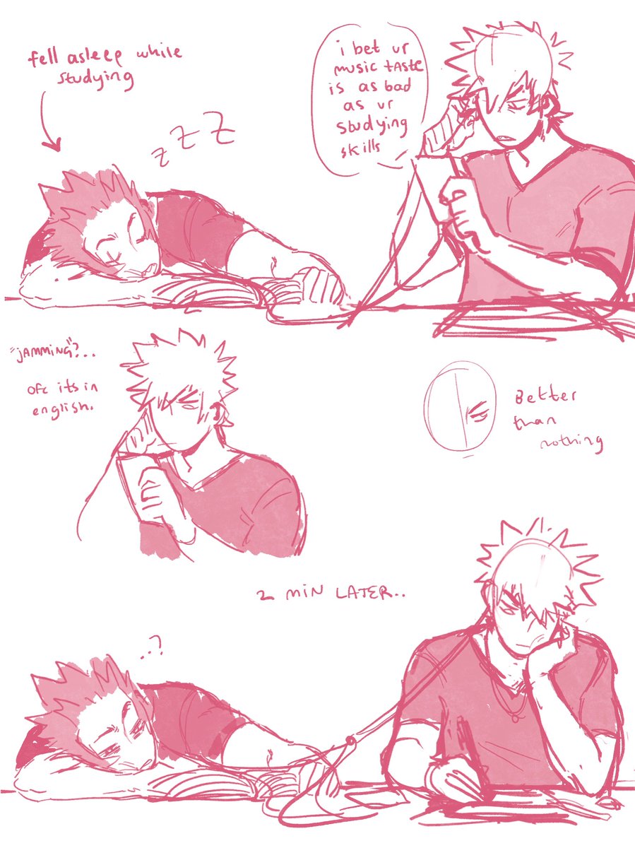 dumb krbk comic sketch in which kiri is listening to music from his childhood and bakugo doesn't understand whats funny
[#kiribaku #kirishima #bakugo ] 