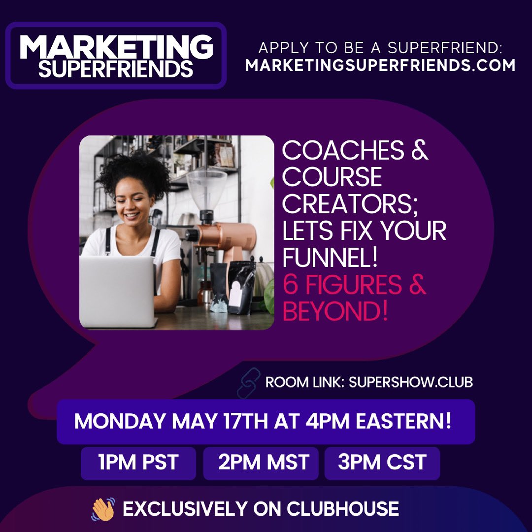 I’ve got 996 #ClubhouseInvites to this Event!

#BusinessCoach #SalesFunnel #OnlineCourses #HighTicketOffer #VIPDay #GroupCoaching 

joinclubhouse.com/join/theviproo…