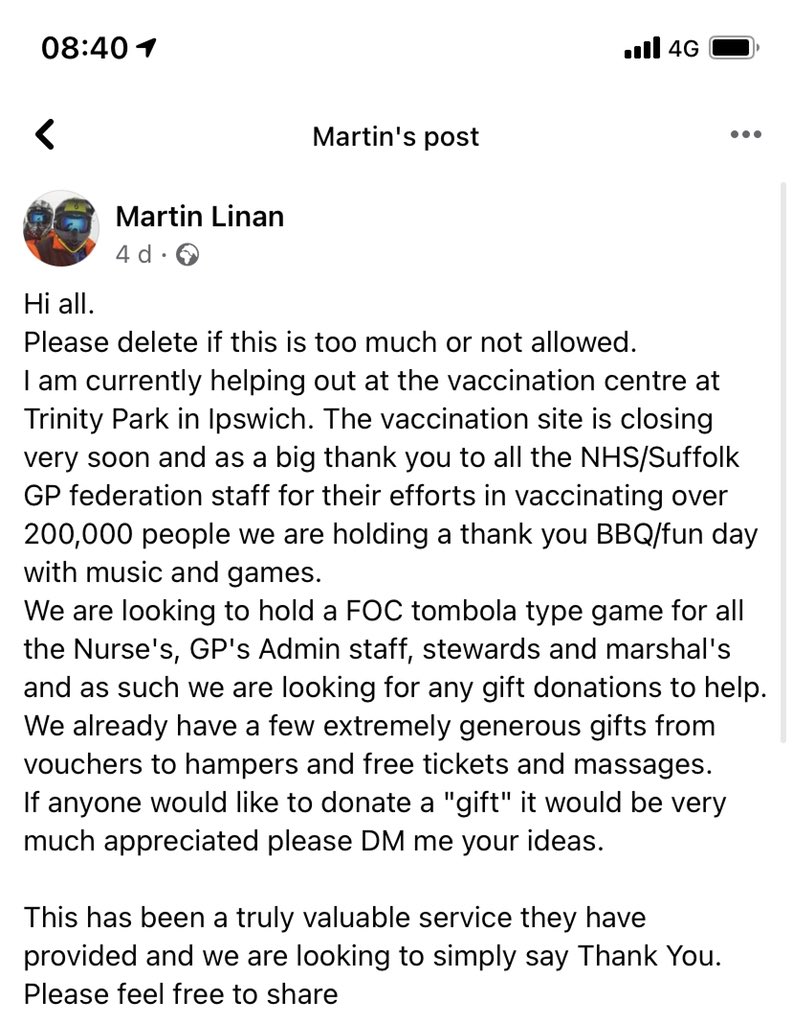 Being part of this project has been an amazing experience. 
It would be an amazing way to finish to give all the staff and volunteers a huge thank you and (COVID secure) send off at our base in <a href="/TrinityParkUK/">Trinity Park</a> 
If anybody can support / donate please DM   #Ipswich #Vaccinate