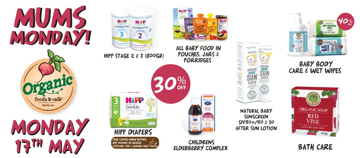 Incredible deals for #DubaiMums and #AbuDhabiMums in stores ONLY TODAY! Join us in store for #MumsMonday discounts and enjoy a FREE☕ as you stock up on the basics. #OrganicFoodsandCafe #DubaiParents #OrganicDubai #OrganicBabyProducts #OrganicSuperstore #OrganicSupermarket #Dubai