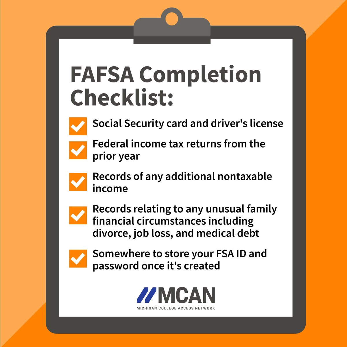 MICollegeAccess's tweet image. Have you submitted your FAFSA? There’s still time! Use this checklist to make sure you submit your application correctly. #SpringIntoCollege 
Learn more: bit.ly/moreFAFSAinfo