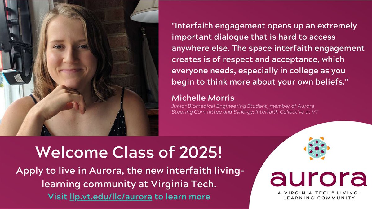 interfaithVT's tweet image. "Why is interfaith engagement important?" Today, Michelle Morris from @Synergy_At_VT  &amp;amp; Aurora Steering Committee shares her thoughts. Live in Aurora interfaith living-learning community. Apps open to incoming students: llp.vt.edu/llc/aurora @studentsatvt  @vthrl @FollowMeToVT