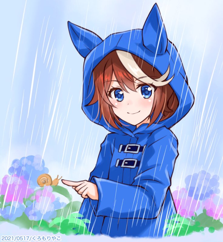 tokai teio (umamusume) 1girl snail brown hair raincoat solo animal ears blue eyes  illustration images