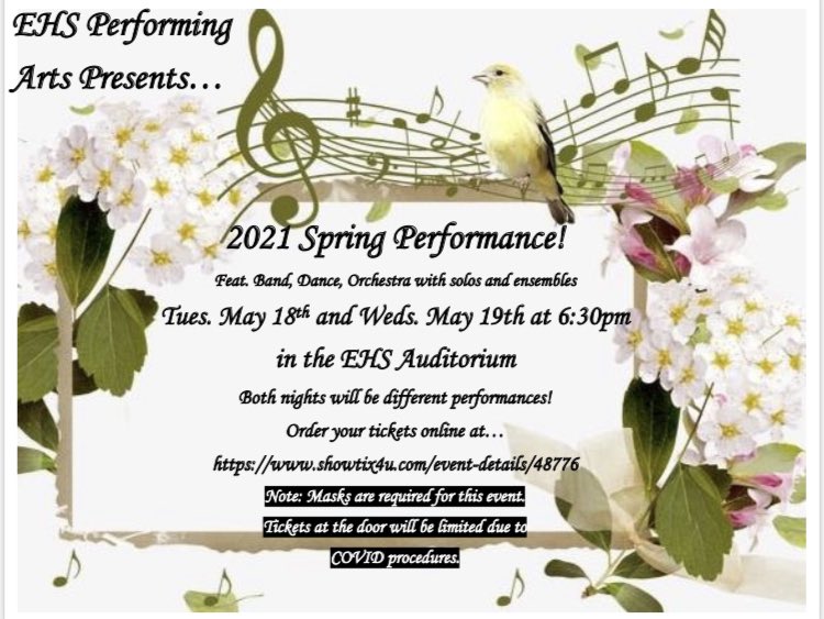 esteroband's tweet photo. Join us TUESDAY AND WEDNESDAY (May 18th and 19th) for our 2021 Music and Dance performance! Doors and ticket booth open at 5:30pm. Both nights will be different performances featuring all of our band, orchestra and dance classes. Get your tickets at https://t.co/XsSvtZJUuh https://t.co/HCX3gwyoSo
