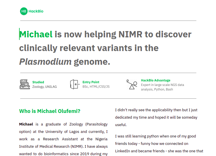 TheHackbio's tweet photo. Success case study: Read @mich_olufemi journey at HackBio and how he is creating impact at @nimrnigeria: https://t.co/KbDX42DBTw
Your story can be the next. Start learning bioinformatics online today. Visit https://t.co/1KxNICs9AJ https://t.co/cj4QBEswOr