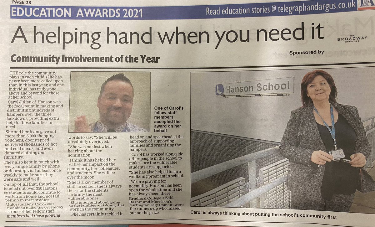 BDCFT_MHST's tweet photo. Congratulations to @HansonAcademy’s Carol Julian who has won the @Bradford_TandA Community Involvement of the Year Award! 

We’re so lucky to have Carol working alongside us daily as the Safeguarding and Child Protection lead at Hanson. 

What an amazing woman! #AwardWinner https://t.co/7OnoVUEWxc