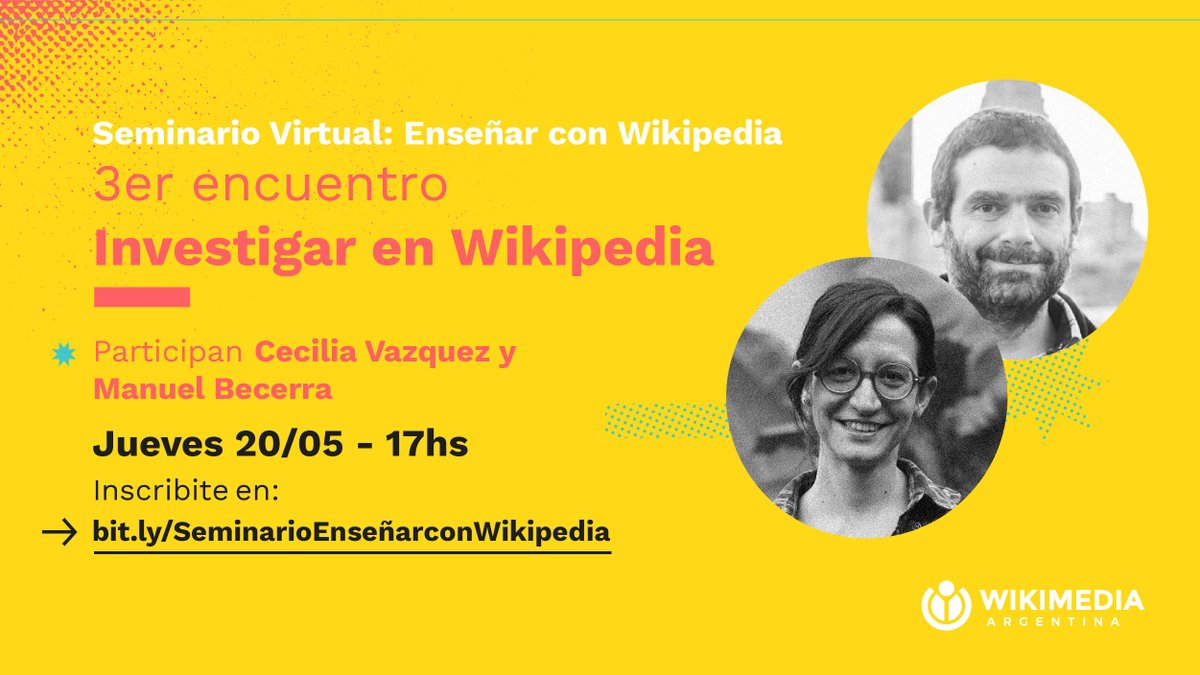 wikimedia_ar's tweet image. 📚 Enseñar con Wikipedia ➡️ 3° encuentro. Investigar en Wikipedia.

📢 Participan: @ceciavazquez y @CheMendele.

🗓️ 20 de mayo - 17 h.

🔗 Inscribite en bit.ly/SeminarioEnseñ…