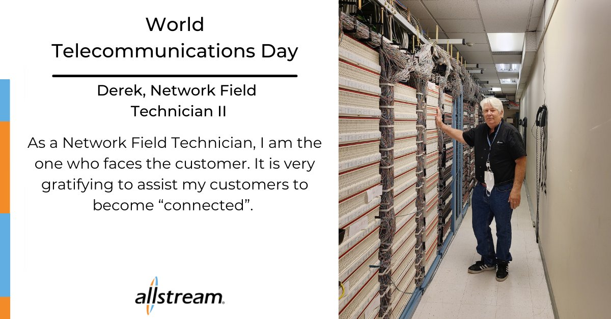 Allstream's tweet photo. #WorldTelecommunicationsDay
Today we're shining a light on individuals across #Allstream who keep our customers connected, those who keep our business running, and live our #values!

Today, we are focusing on #connection
______
Meet Derek, one of our Network Field Technicians! https://t.co/KvpPMMKEoc