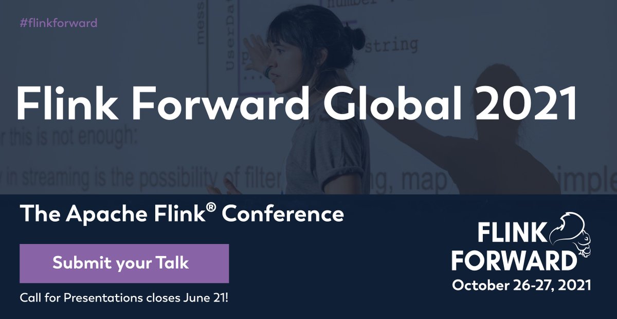 FlinkForward's tweet photo. 📢 Call for Presentations for Flink Forward Global 2021 is open! We look forward to your @ApacheFlink submissions on:

💡 Use Cases
⚙️ Tech Deep Dive
🌱 Ecosystem
🆕 Stateful Functions

Submit your ideas by June 21, 11:59 pm PDT: https://t.co/kdFakihN44 #flinkforward #apacheflink https://t.co/XxeFvyUIPf