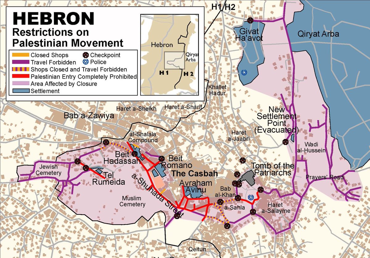 28\\ Qui invece una mappa della situazione nel centro di Hebron (El-Khalil in arabo)