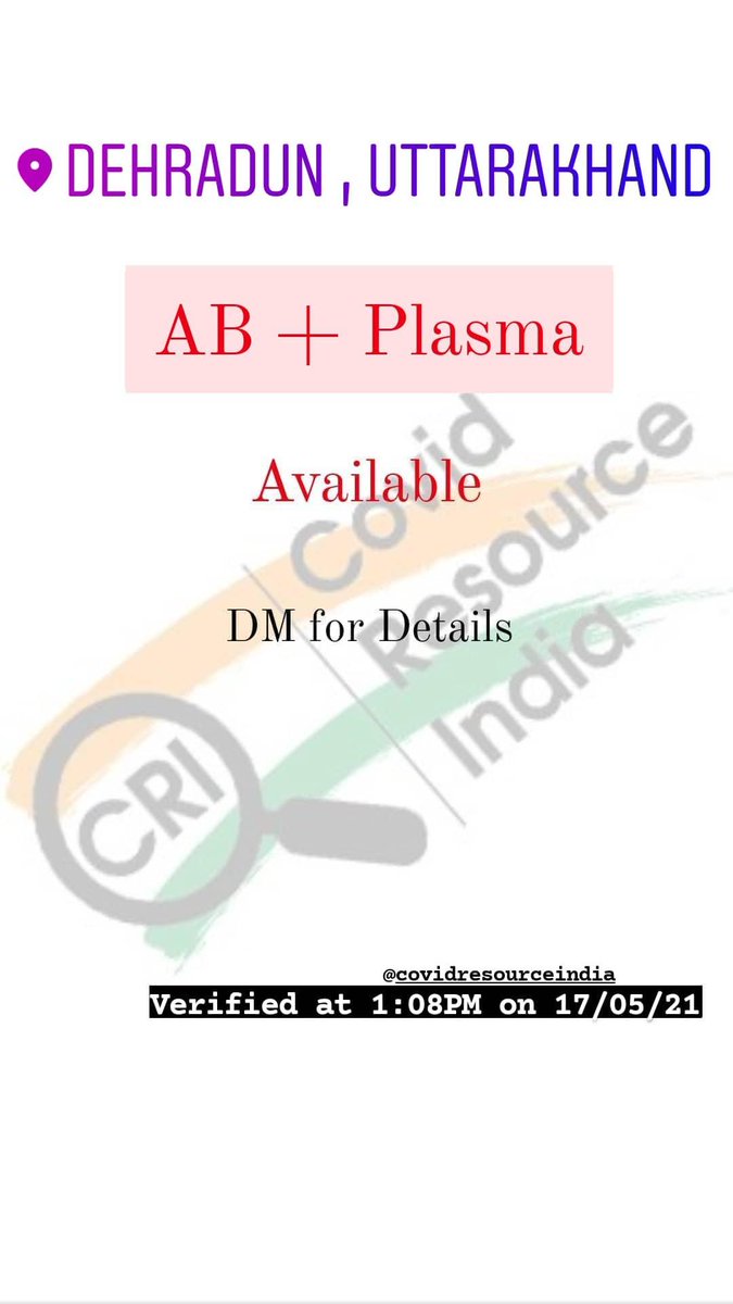 CovidResIndia's tweet photo. Dehradun AB+ Plasma available.
#Verified 
#Dehradun #Plasma #PlasmaDonor  #DehradunFightCovid #Covid #IndiaFightsCorona  #Covid19IndiaHelp #CovidHelp #CovidResources #PlasmaDonorAvailable https://t.co/adzVFFf6j1