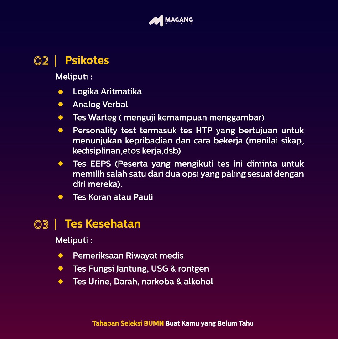 MagangUpdate's tweet photo. Yuk, simak #infoMUdah kali ini untuk menambah #PengetahuanMU tentang “Tahap Seleksi BUMN #BUMNSeries” bersama MagangUpdate!
#magang #magangupdate #internship #magangjakarta #magangjkt #magangid #magangindonesia #infomagang #sukses #magangonline #intern #internship #karir https://t.co/k5X0XsnKgt