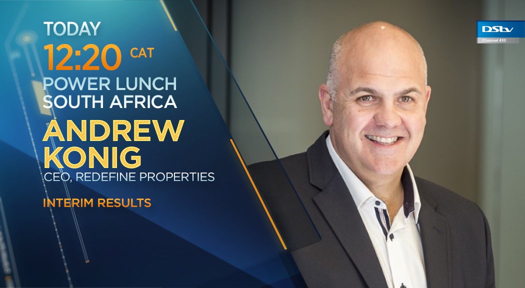 [WATCH] Today on #PowerLunchSouthAfrica: Andrew Konig, CEO at #RedefineProperties, joins us to discuss interim results. Tune into #DSTV410 at 12h20 CAT.