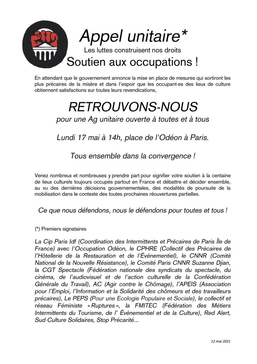 RennesOpera's tweet photo. Soutien aux occupations! Appel unitaire tout à l’heure à 14h place de l’Odeon #convergencedesluttes https://t.co/Ds1tbw6uAm