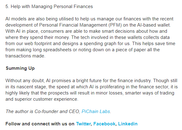 labs_pi's tweet image. Gartner predicts that nearly 40% of big businesses will adopt #AI solutions in 2021. So, how will #AI in #finance transform the way we interact with money?
Read @labs_pi @shubhPrevails by @ET_CIO: bit.ly/3yho46P
#mobilebanking #regtech
pichainlabs.com