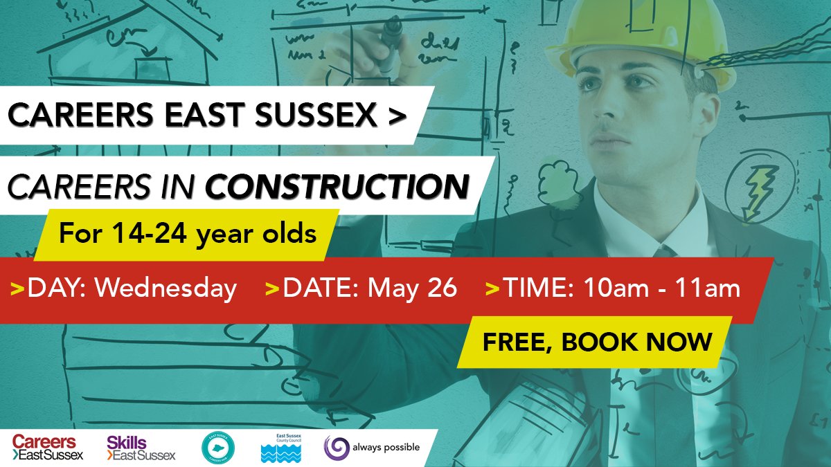 Sign up for FREE #EastSussex virtual careers events for ages 14-24 during w/c 24th May! You'll hear from local #EastSussex employers about their industry. Sign up now! #Construction Careers on 26th May ow.ly/XmD950EqopP  <a href="/themytrust/">MY Trust</a> <a href="/GCConfident/">Get Career Confident 💙</a> <a href="/CareerEnt/">The Careers & Enterprise Company</a> <a href="/EastSussexCC/">East Sussex County Council</a>