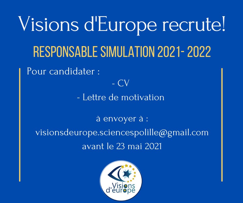 🇪🇺 Semaine de recrutement 🇪🇺
Visions d'Europe recrute un.e responsable pôle simulation !
Découvrez le témoignage de Chloé Weber
Pour candidater : CV + lettre de motivation à envoyer à visionsdeurope.sciencespolille@gmail.com avant le 23 mai
