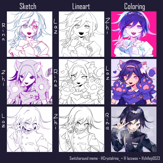 ◆ The Kokichi switcharound collaboration!! ◆

It was so much fun doing this with @zhifeiji0523  and @lazswoo , tysm for the fun Kokichi party💜 🥳💜 
