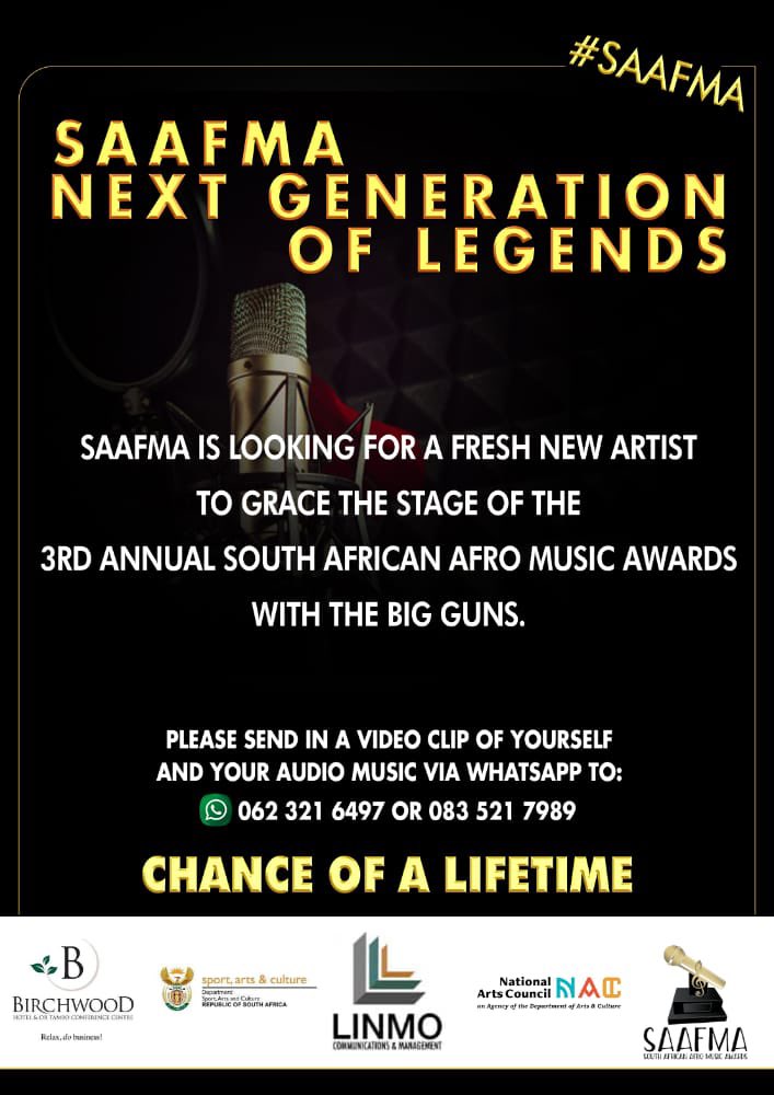 Calling all talent!!
The South African Afro Music Awards has opened it’s stage to new artists at this year’s awards ceremony happening May 22, 2021.
Stand a change to share a stage with music greats by entering below. 
#SAAFMA #YoungLegends 
#Zozi #Shimza #Bonang