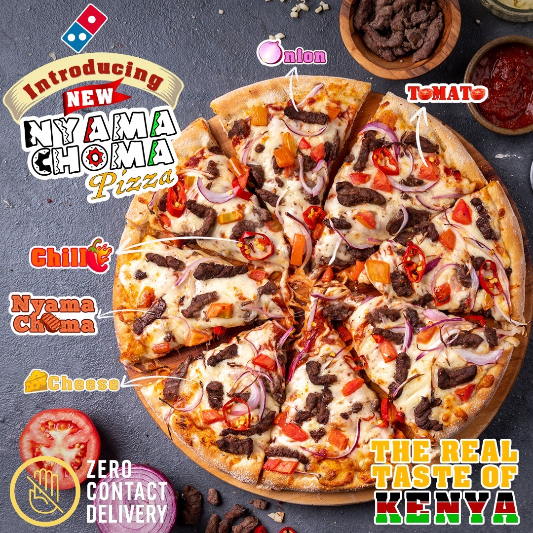Domino's Pizza introduces the new Nyama Choma pizza flavour! Be the first to try the deliciously unique blend of nyama choma toppings, tomatoes, onions and cheese. Order now for only Kes 1,150 from dominos.co.ke and get Free delivery! @dominosKenya Munya| Stella|