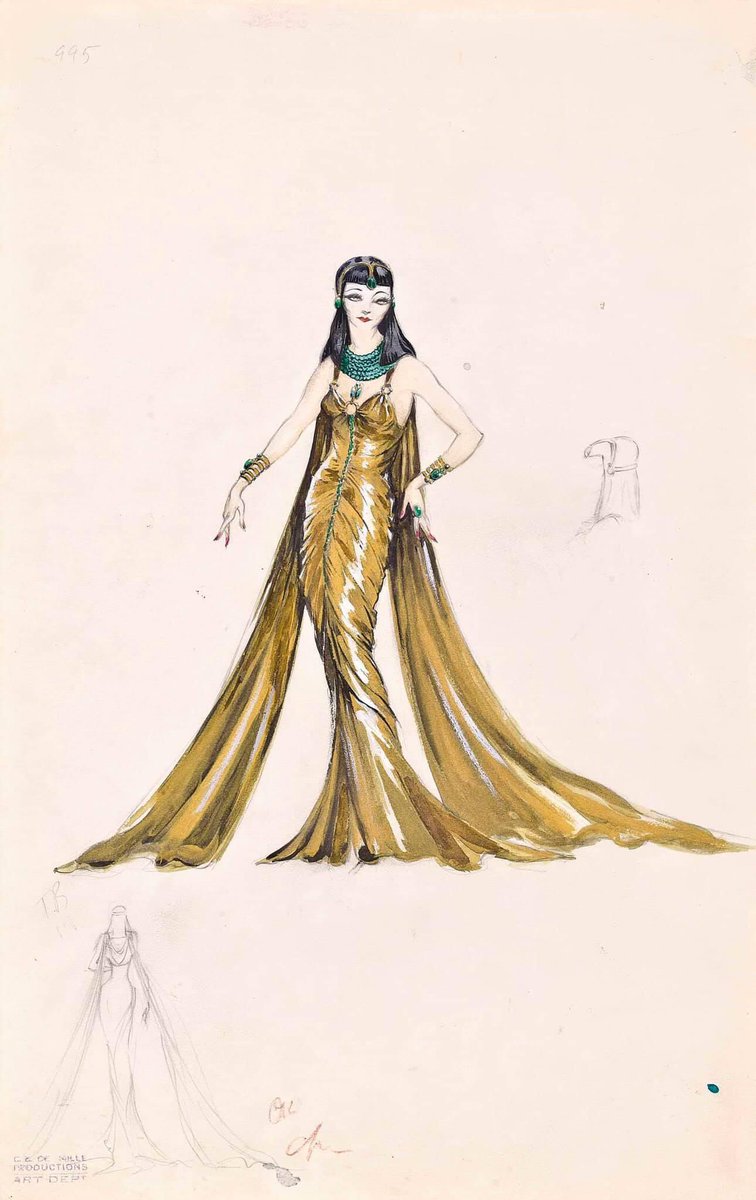 myfilmcostumes's tweet photo. #Cleopatra, 1934/ #ClaudetteColbert #TravisBanton #watercolour and pencil costume sketch of Colbert as Cleopatra. in the 1934 Paramount film Cleopatra, directed by Cecil B. DeMille. #Bias-cut gold lamé #gown with gilt and #emerald green #scarab #headdress and #jewelry. https://t.co/XQ3bt9gf3U