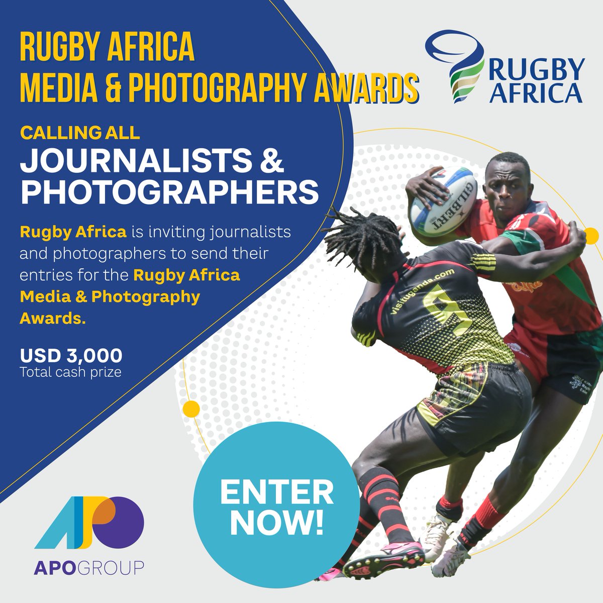RugbyAfrique's tweet photo. Call For Entries: Rugby Africa’s Inaugural Media &amp; Photography Awards. 

👉 https://t.co/YV7M73Uil8 

#AfricaAsOne #WhyWePlay #Rugby #Africa #Media #Photography #Journalists #Photographers #Recognition #Award 

@APO_source  @APO_Sports https://t.co/JA5zR2DeAA