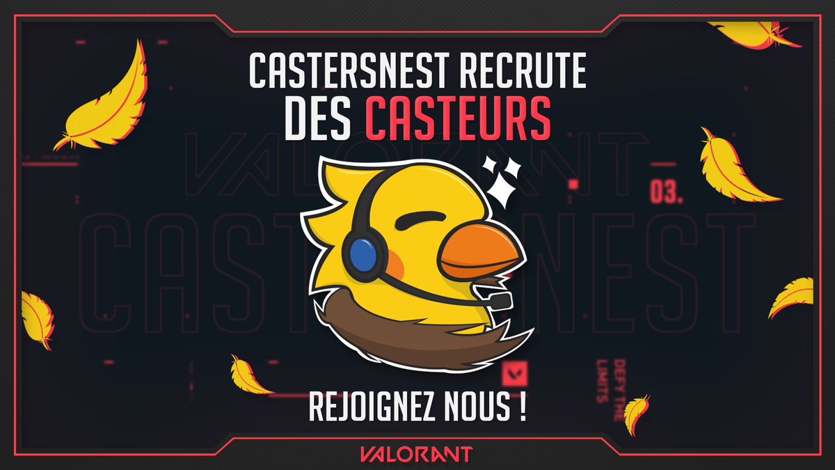 📢 CastersNest recrute des jeunes pious 🐤 de talent en tant que casters Valorant 🔫 !

Envie de rejoindre le nid ? Alors remplissez 🖊️ le formulaire ci-dessous !

📋 forms.gle/WSH87mK84615Jd…